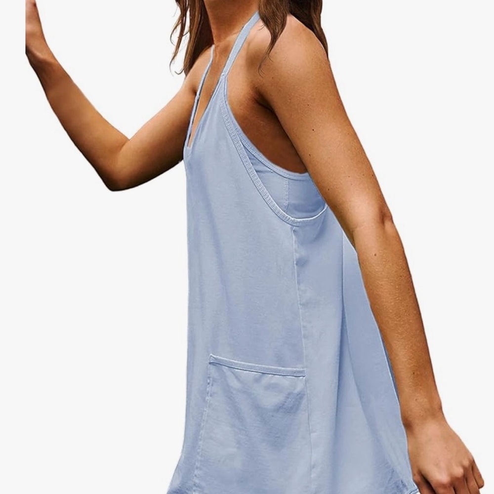 Light Blue Athleisure Romper Built In Shorts Racerback Pockets Size M - Picture 2 of 6